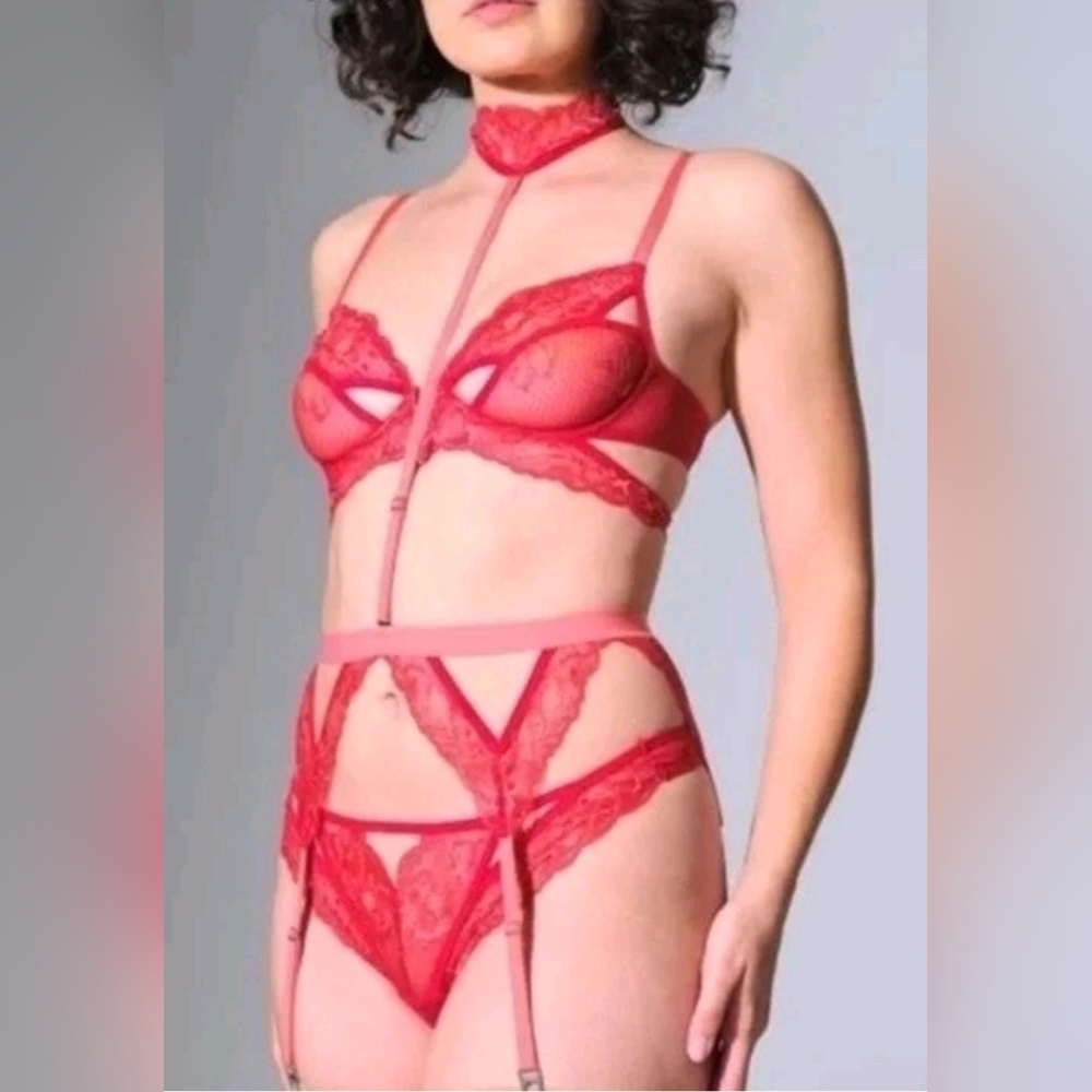 Thistle and Spire  Red Chili Kane Garter Belt Removable Choker Lace Lingerie Med